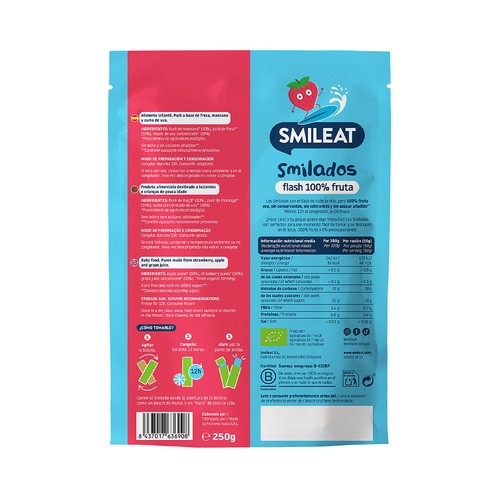 SMILEAT Flash 100% de fruta ecológica (fresa y manzana), sin azúcares añadidos, a partir de 6 meses 5 x 50 g.