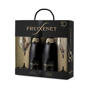 Imagen de FREIXENET Cordón negro Estuche con 2 botellas de cava semi seco gran selección con D.O Cava + 2 copas.