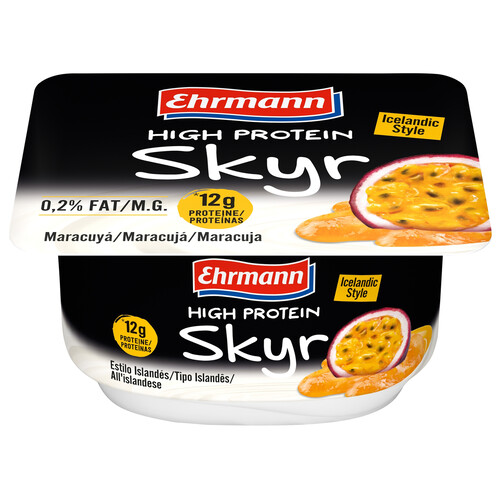 EHRMANN Skyr estilo islandés desnatado (0% materia grasa) con 12 gramos de proteínas y maracuya 150 g.