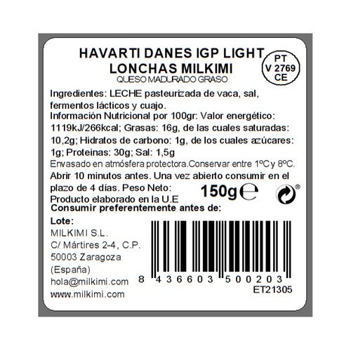 MILKIMI Queso lonchas Havarti light IGP MILKIMI 150 g.