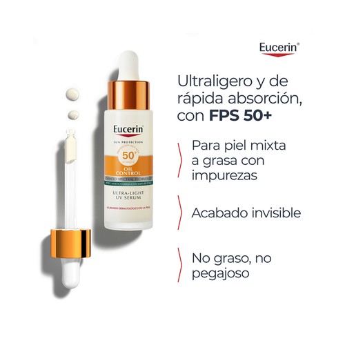 EUCERIN Oil control Sérum protector solar con FPS 50+ (muy alto) para piel mixta a grasa con impurezas 30 ml.