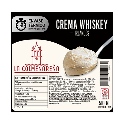 LA COLMENAREÑA Tarrina de helado artesano de crema de whiskey 500 ml.