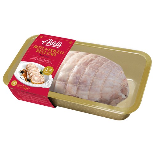 Roti de pollo para asar, relleno de huevo de codorniz, jamón, piñones y trufa ALDELÍS 750 g.