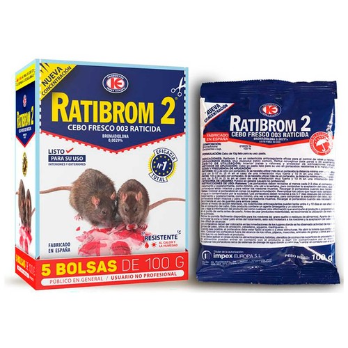 Raticida Cebo Fresco 500 Gr (5 Bolsas X 100 Gr). Mata ratas de uso doméstico RATIBROM 2