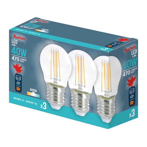 Pack de 3 bombillas Led E27, 4,3W=70W, luz blanca, 470lm, PRODUCTO ALCAMPO.