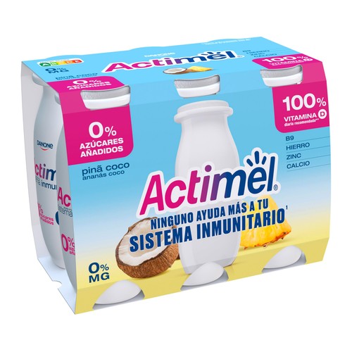 Leche fermentada con Lcasei sin azúcares añadidos y con sabor a piña y coco ACTIMEL 6 x 94 ml.