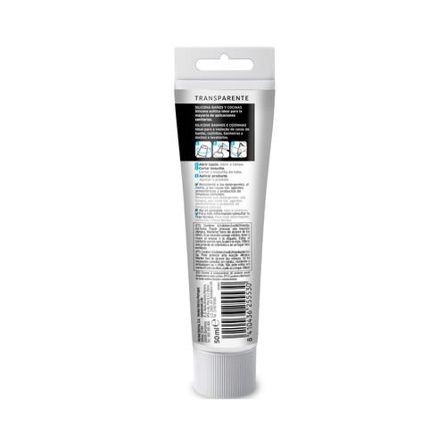Silicona especial cocinas y baños, translucido, PATTEX Baño Sano, 50ml.