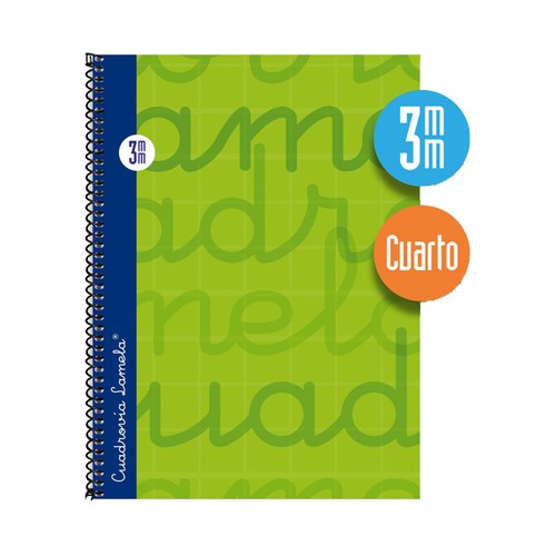 Cuaderno de espiral tamaño cuarto con 80 hojas de cuadrovía 3mm. Cubierta extra dura color verde. EDITORIAL LAMELA.