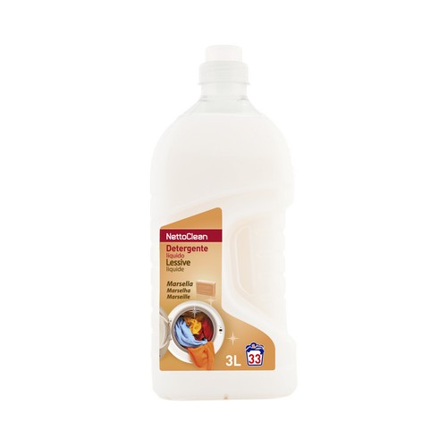 Detergente líquido para lavar a maquina o a mano con perfume a jabón de Marsella NETTOCLEAN 33 lavados 3 l.