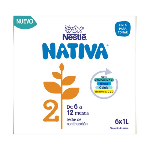 NATIVA Leche (2) de continuación, de 6 a 12 meses NATIVA de Nestlé 6 x 1 l.