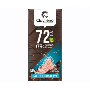 CLAVILEÑO Chocolate negro 72 % con sal del Himalaya sin azúcar añadido 100 g.