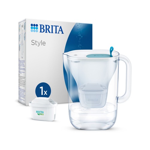 BRITA Jarra con filtro de agua Style azul (2,4 l) incl. 1x cartucho MAXTRA PRO All-in-1: jarra de diseño apta para frigorífico con Smart LED- y tapa abatible.