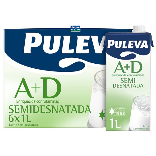 PULEVA Leche semidesnatada de vaca, enriquecida con vitaminas A y D y de origen 100% español 6 x 1l.