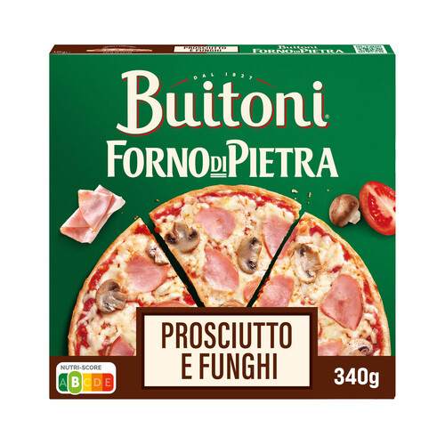 BUITONI Forno di pietra Pizza congelada jamón y champiñones, con masa fina y crujiente 340 g.