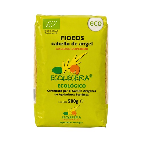 ECOLECERA Pasta fideos cabello de angel (cabellín), 100% ecológicos y de calidad superior 500 g.