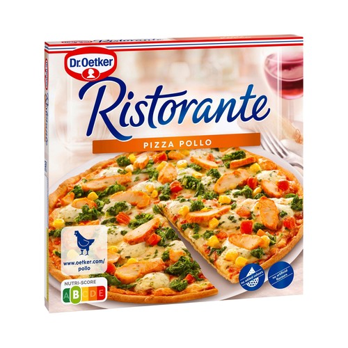 DR. OETKER Pizza de masa fina y crujiente cubierta con tomate, queso y pollo Ristorante 355 g