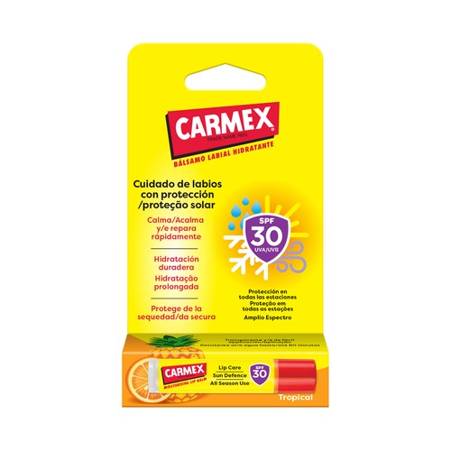 CARMEX Bálsamo (protector) labial hidratante con FPS 30 (medio) y sabor tropical.