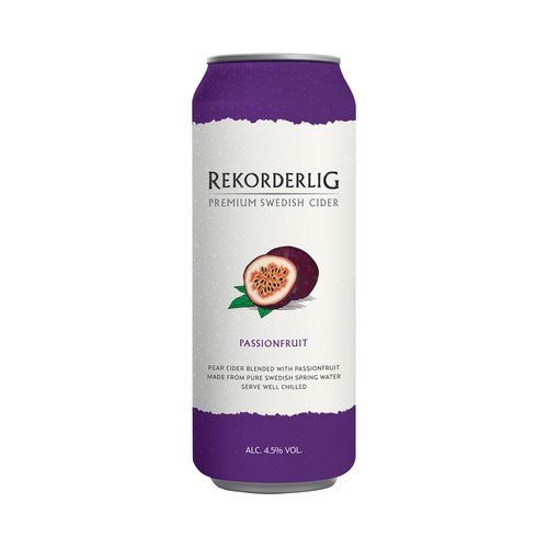 REKORDERLIG Cider de pera con un toque de fruta de la pasión lata 50 cl.