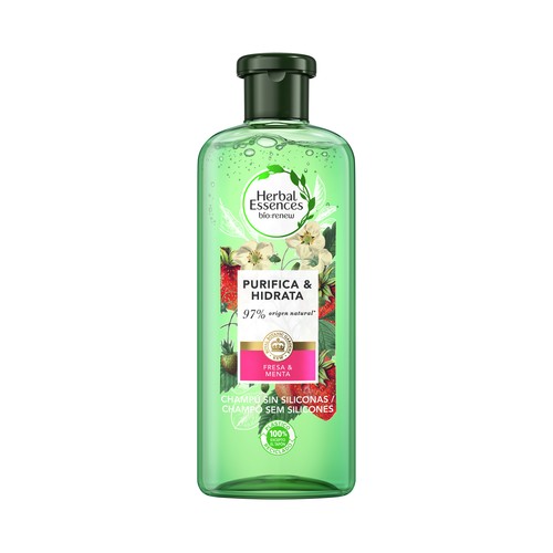 HERBAL ESSENCES Champú purificante e hidratante con fresa y menta HERBAL ESSENCES Bío:renew 400 ml.