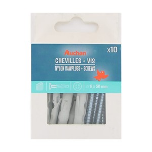 Imagen de Taco nylon y tirafondos de 8 x 50 mm, materiales huecos, 10 unidades, ALCAMPO.