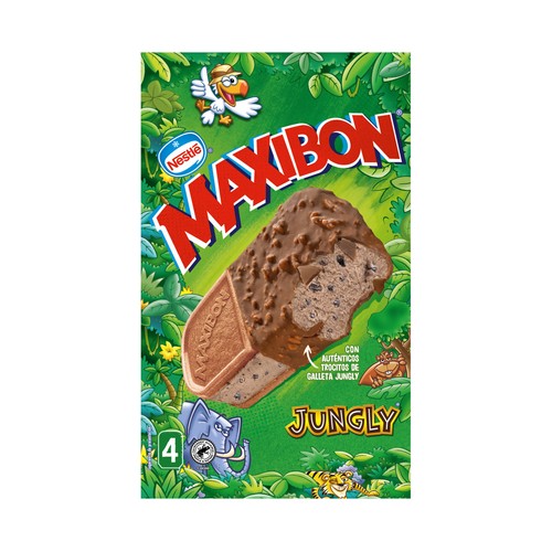 MAXIBON Jungly de Nestlé Sándwich de helado de chocolate con trozos de galletas de chocolate 4 x 140 ml.