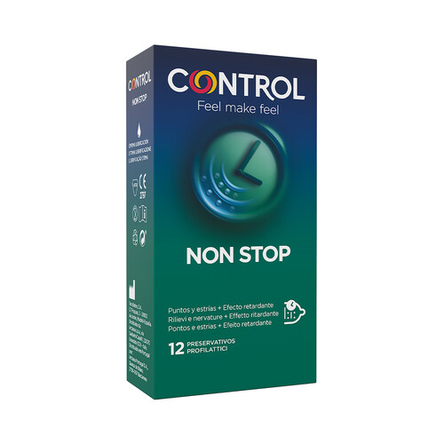 CONTROL Non stop  Preservativos lubricados con puntos y estrías y efecto retardante 12 uds.