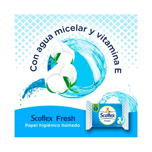 SCOTTEX Fresh Papel higiénico húmedo (toallitas WC), con agua micelar y vitamina E 2 x 74 uds.