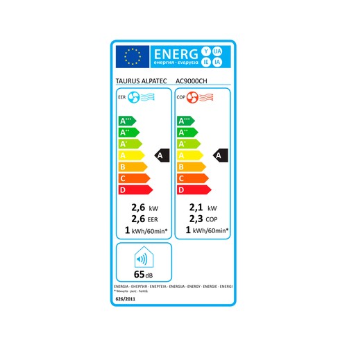 Aire acondicionado portátil TAURUS Temp Desing+ AC9000CH, 2.250 Frig/h, 2.268 Kcal/h, A, A, gas refrigerante R290, (para estancias hasta 25m²)