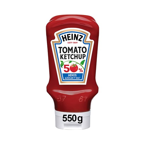 HEINZ Ketchup bocabajo con 50% menos de azúcares 550 g.