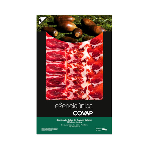 Jamón de cebo de campo ibérico (50% raza iberica), cortado en finas lonchas COVAP Esenciaúnica 120 g.