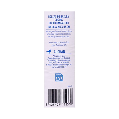 PRODUCTO ALCAMPO Bolsas de basura azul. con autocierre especial cocina capacidad 20 l. 20 uds.
