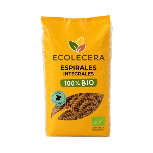 ECOLOCERA Pasta espirales integrales 100% ecológicas 500 g.