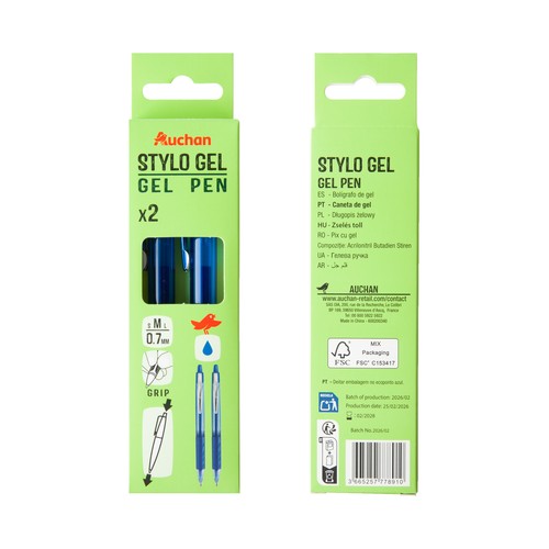 Pack 2 bolígrafos retráctiles tinta gel color azul. ALCAMPO