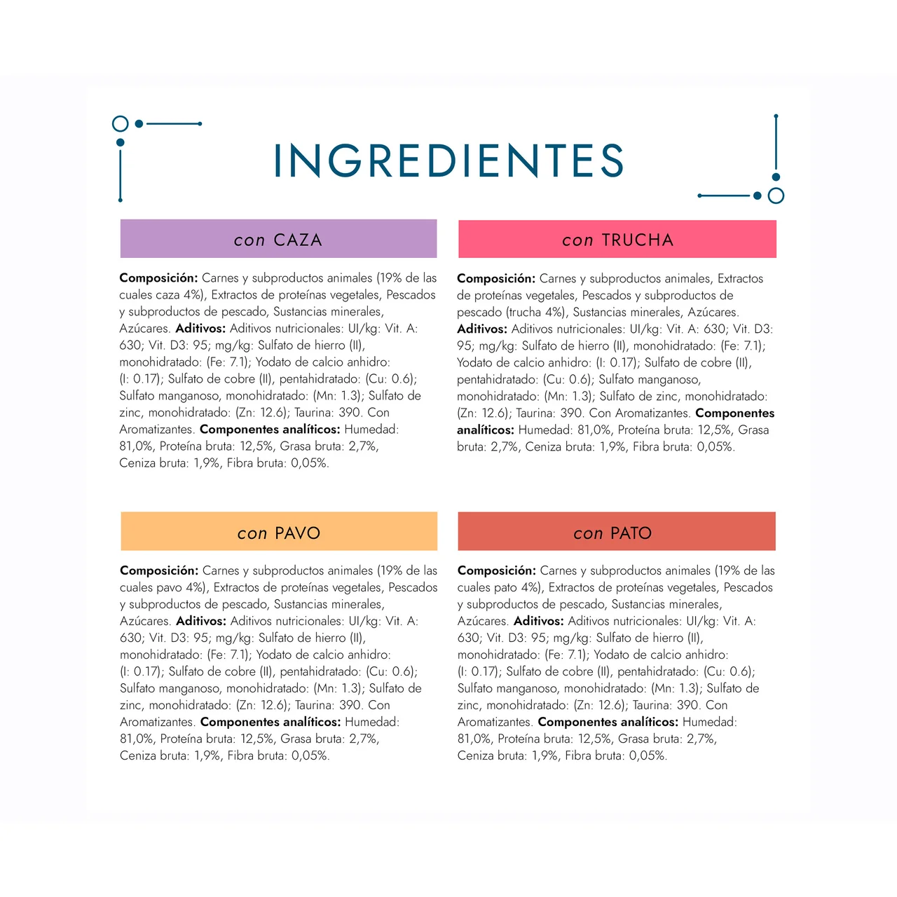Comida para gatos en gelatina de pato, caza, trucha y pavo 4 uds. 85 g.