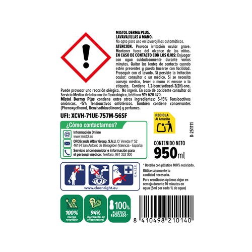 MISTOL Balsam Detergente concentrado lavavajillas a mano con aloe vera 950 ml.
