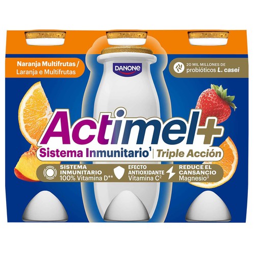 ACTIMEL + de Danone Leche fermentada con Lcasei y sabor a melocotón, fresa, naranja y albaricoque 6 x 100 g.