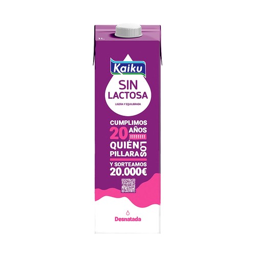 Leche de vaca desnatada (0% materia grasa) sin lactosa y con ácido fólico KAIKU 1 l.