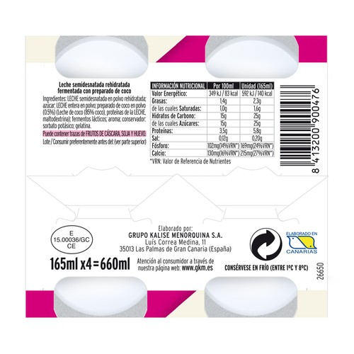 KALISE Yogur líquido con coco, sin gluten y bajo en grasa Kaliglub 4 x 165 ml.