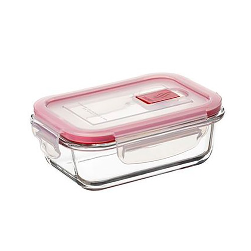 Hermético de vidrio rectangular con tapa de plástico con válvula color rojo, 0,37 litros, TATAY.