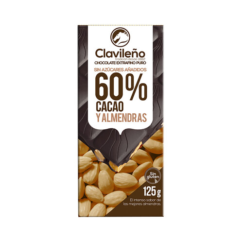 CLAVILEÑO Chocolate extrafino puro, 60 % cacao y almendras, sin azúcares añadidos 125 g.