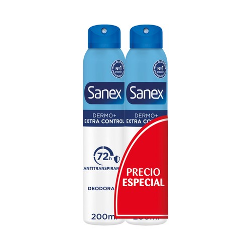 SANEX Dermo+ extra control Desodorante en spray unisex, anti transpirante hasta 72 horas 2 x 200 ml.