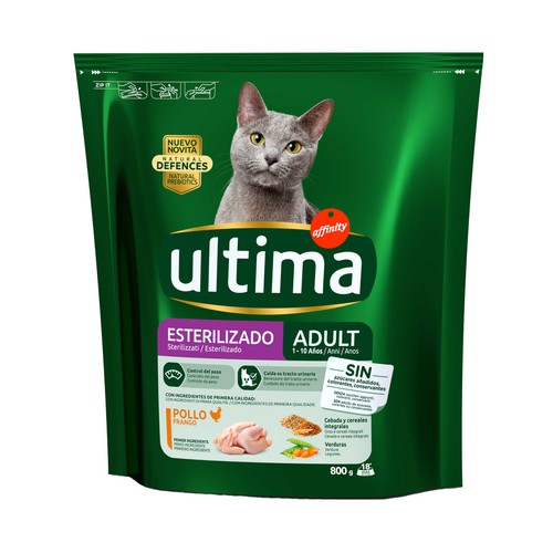 ULTIMA Pienso para gatos esterilizados adultos a base de pollo y cebada bolsa 800 g.