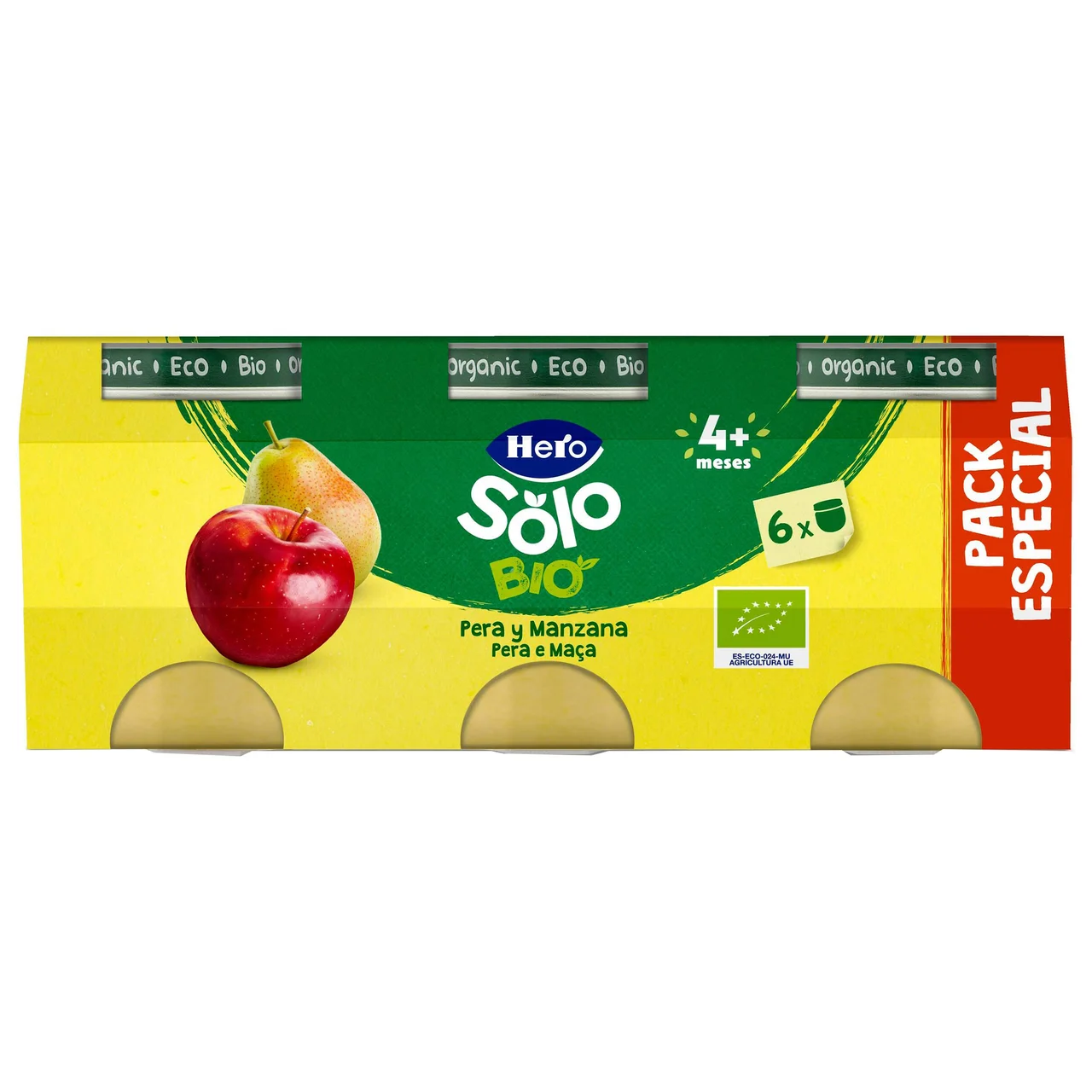 HERO Solo Bio Tarritos de fruta (pera y manzana) ecológica, a partir de 4 meses 6 x 120 g
