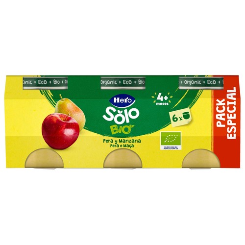 HERO Solo Bio Tarritos de fruta (pera y manzana) ecológica, a partir de 4 meses 6 x 120 g