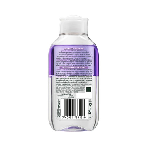 GARNIER Skin active Desmaquillante ojos, 2 en 1: ultra desmaquillante y densificador de pestañas 125 ml.