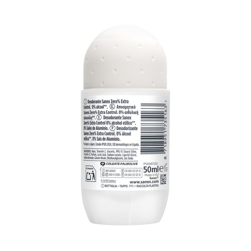SANEX Zero % extra control Desodorante roll on para mujer antitranspirante hasta 48 horas 50 ml.