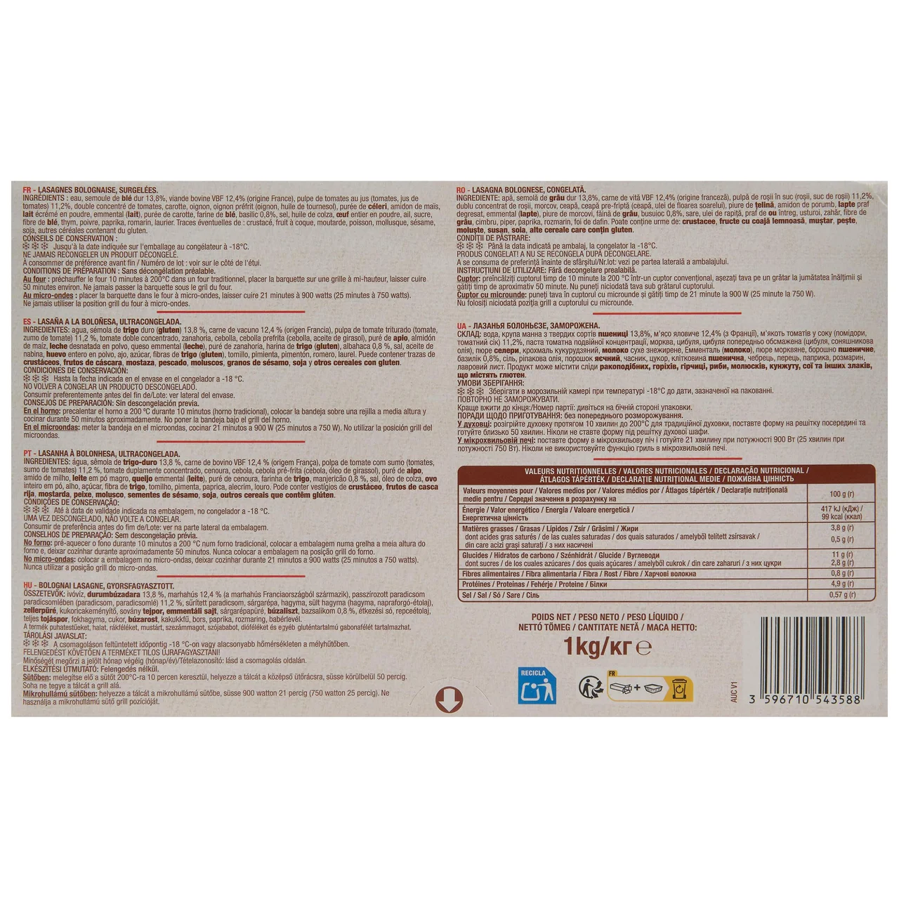 AUCHAN Lasaña a la boloñesa ultracongelada 1 kg Producto Alcampo.
