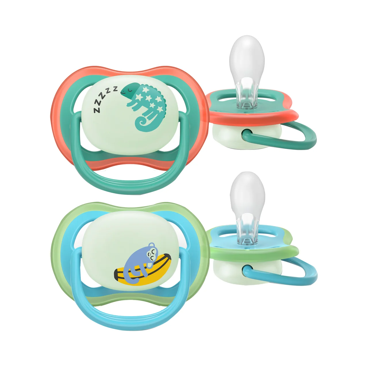 Ultra air nighttime de Philips Chupetes de 6 - 18 meses, con tetina con diseño ortodóntico y que brillan en la oscuridad 2 uds.