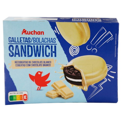 Galletas sandwich con relleno de crema y bañada con chocolate blanco PRODUCTO ALCAMPO 252 g.