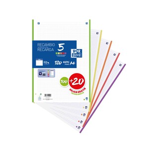 Imagen de Recambio de 120 hojas A4 cuadrícula 5x5 y 4 taladros, OXFORD.